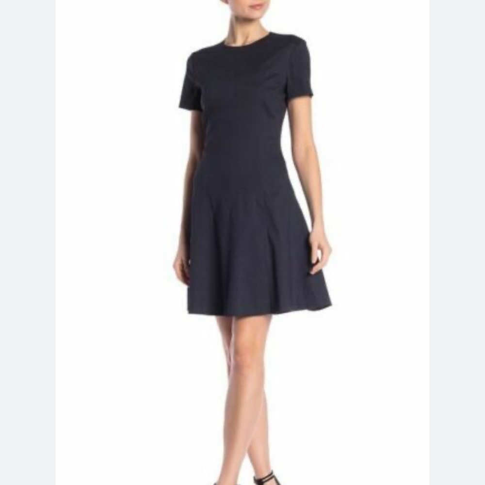Theory Modern Seamed Shift Dress Navy Blue 8 Short Sleeve Organic Crunch Wash